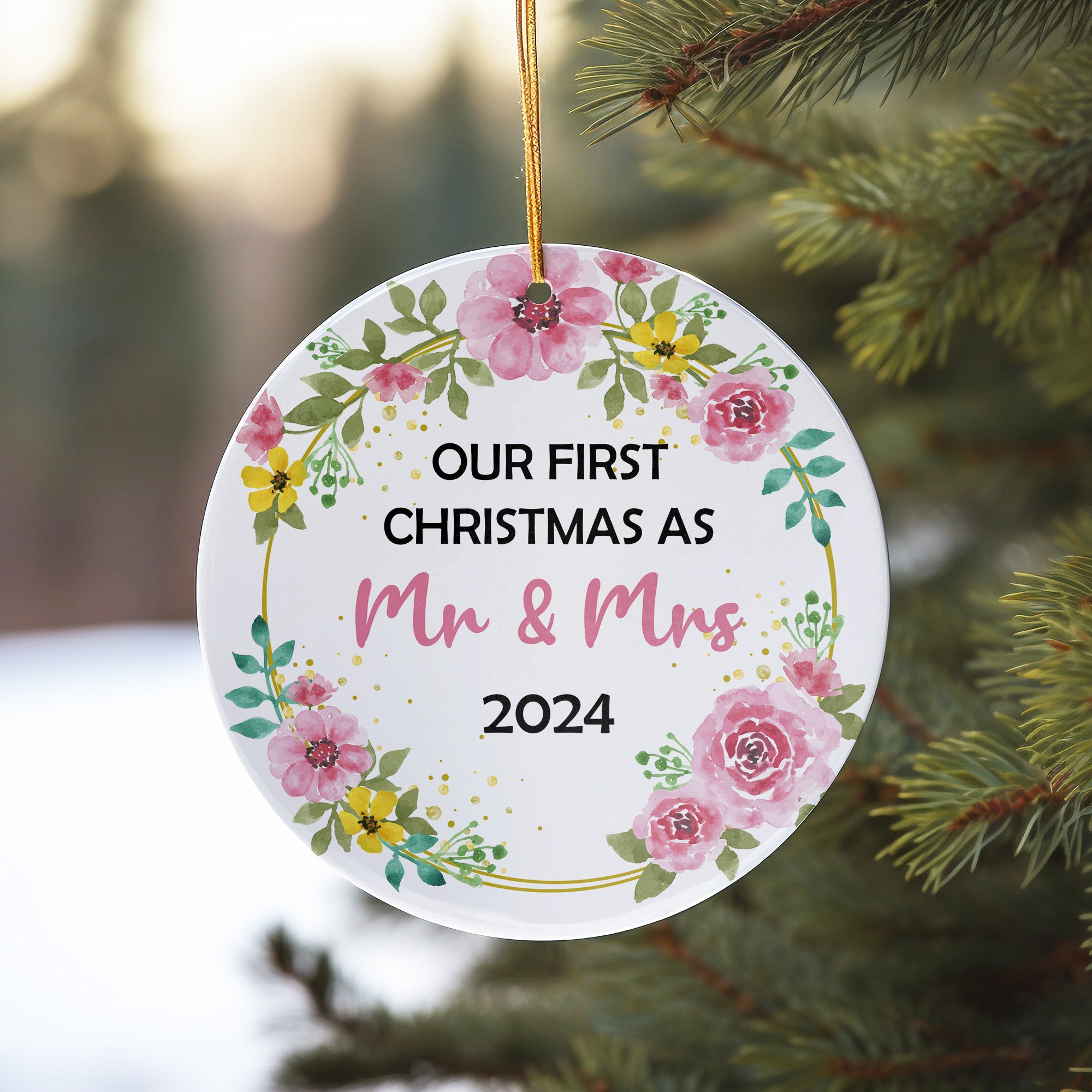 Personalized "Our First Christmas as Mr & Mrs" 2024 Ceramic Ornament - Handcrafted Floral Keepsake - Image 10