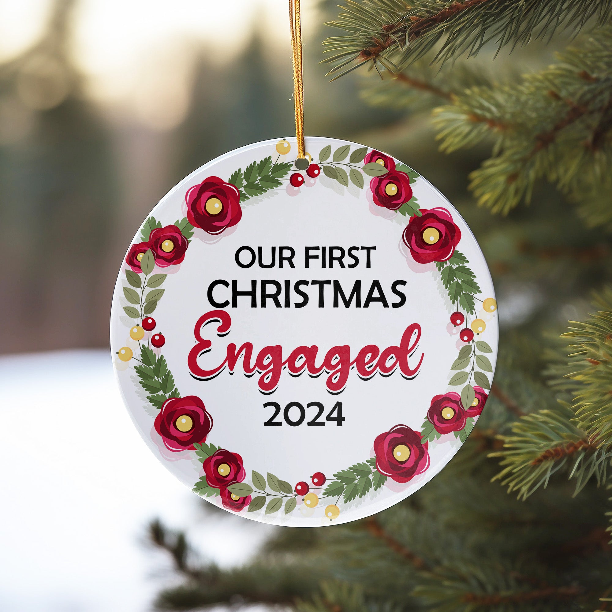 Personalized "Our First Christmas Engaged" Floral Ornament 2024 - Handcrafted Ceramic Keepsake for Couples - Image 10