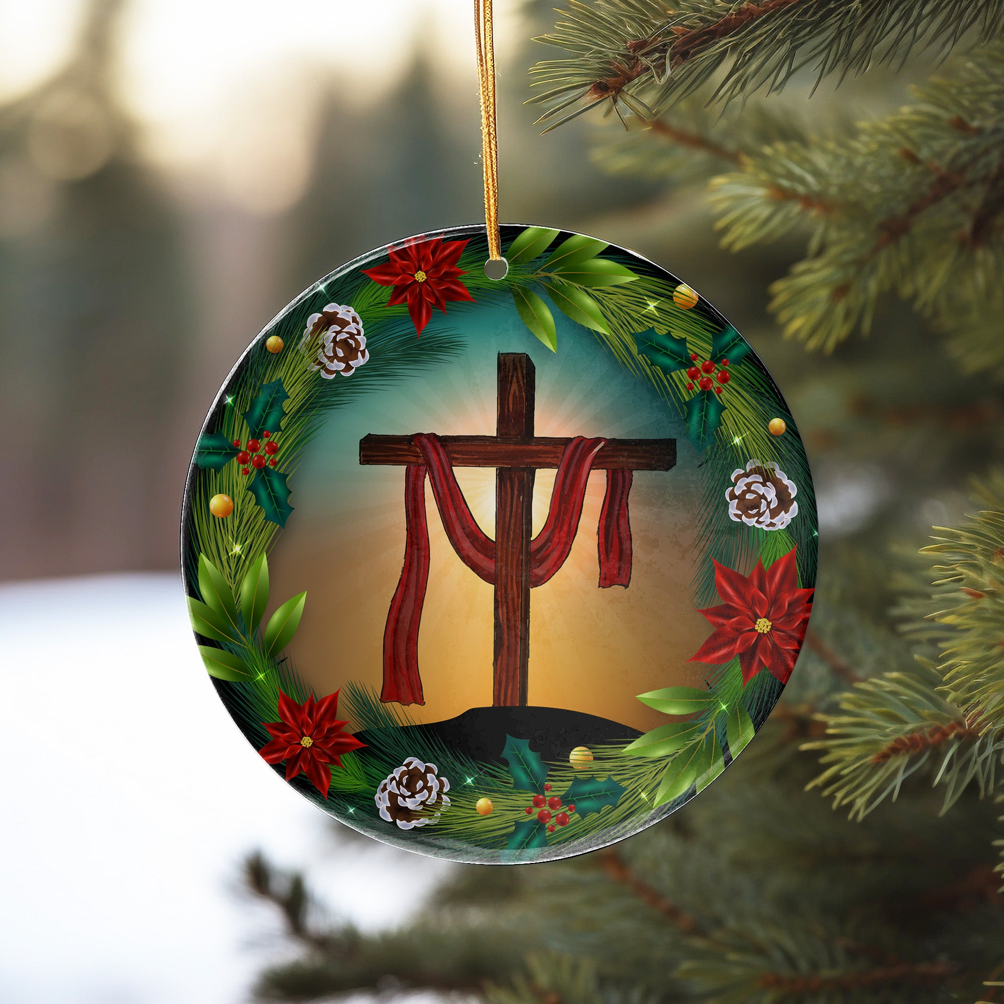 Personalized Radiant Cross Ceramic Ornament with Seasonal Wreath Design – Perfect Custom Gift for Faithful Celebrations - Image 10