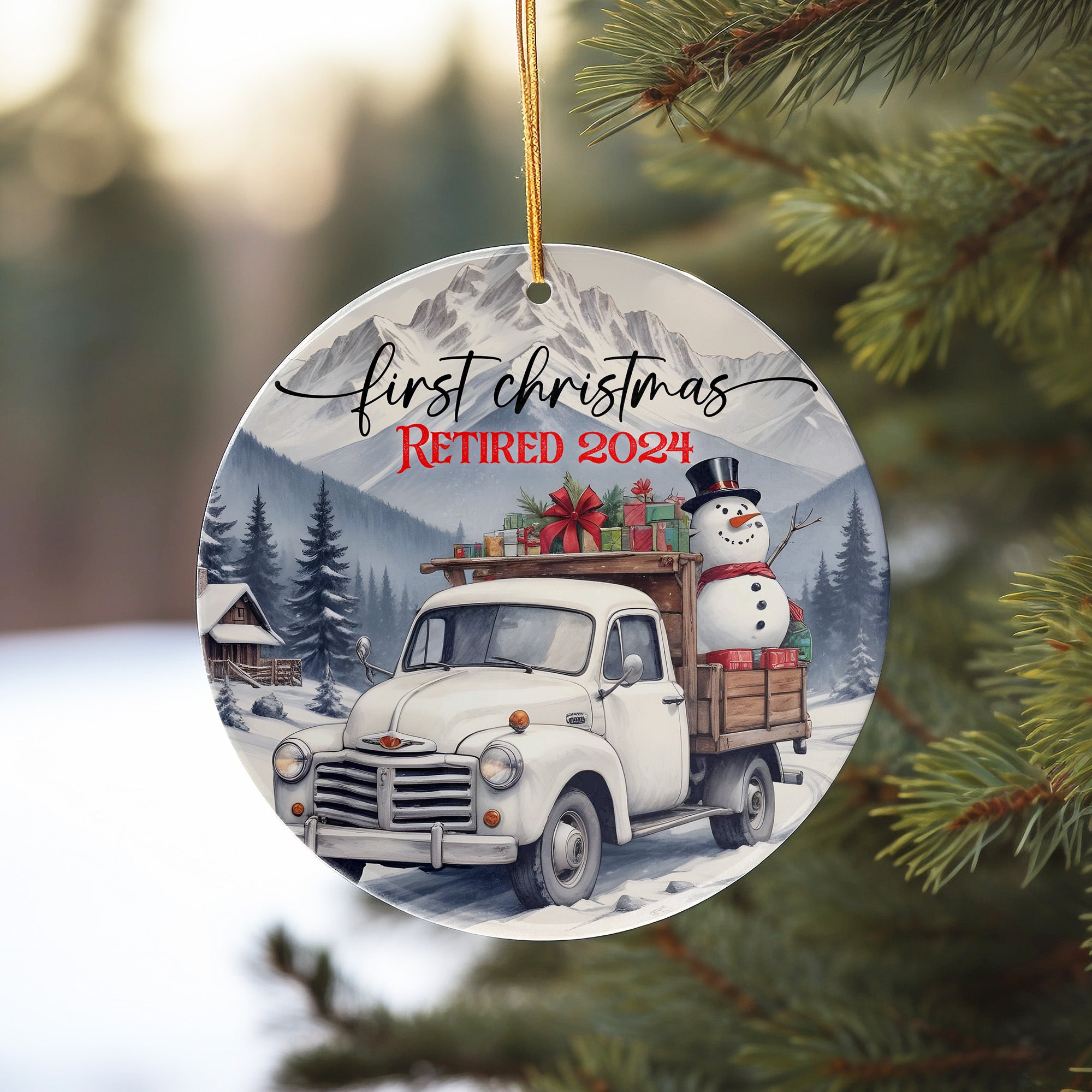 Personalized First Christmas 2024 Retirement Ceramic Ornament – Handcrafted Keepsake with Vintage Truck and Snowman Design - Image 10