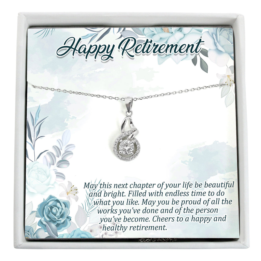 Retirement gift, sterling silver necklace with personalized message card and optional spa gift set; congratulations pregnancy gift