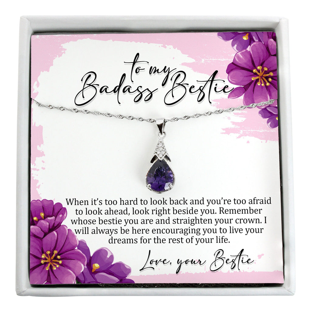 Best friend birthday box for badass bestie, sterling silver pendant necklace and personalized message card; personalized best friend gift