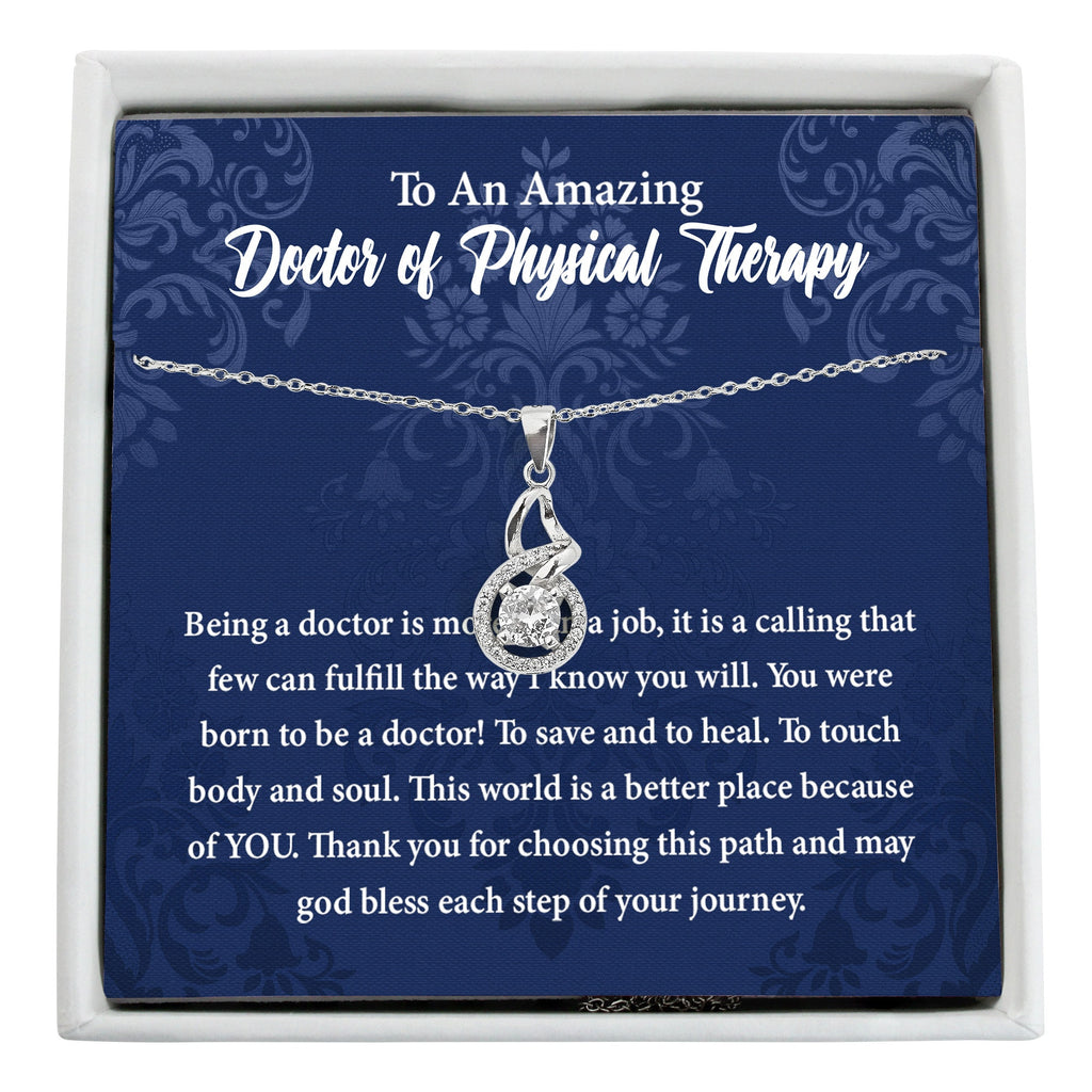 Gift for doctor of physical therapy; sterling silver necklace with personalized physical therapist message card and optional spa gift box