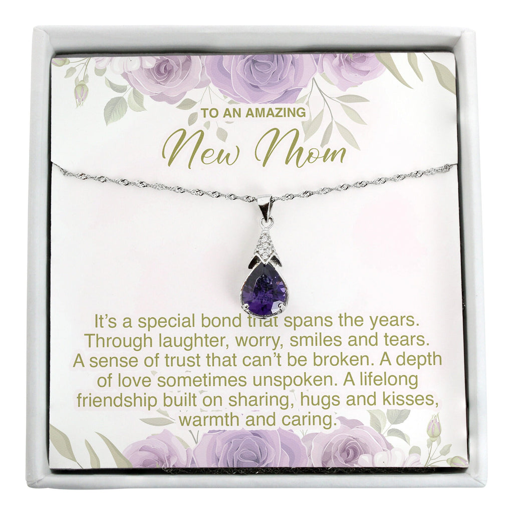 New mom care package with sterling silver necklace, personalized message card and spa gift box; new mom necklace, gift for new mother