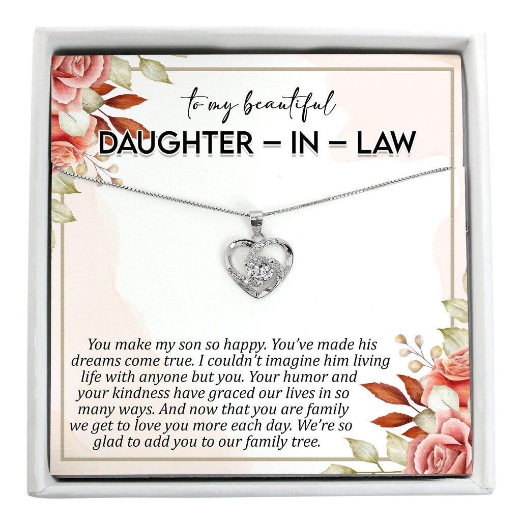 Daughter in law gift from mother in law, silver necklace, personalized message card, spa gift box; my daughter in law is my favorite child