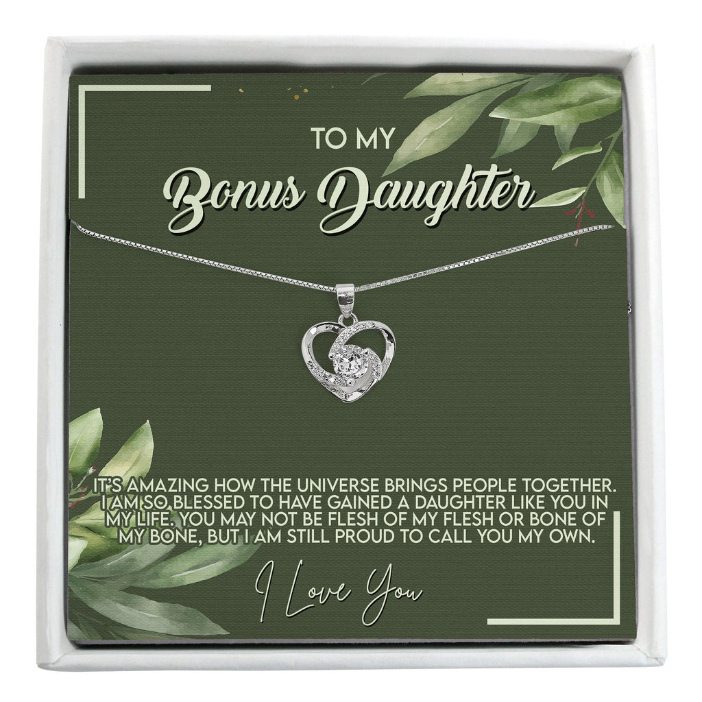 Bonus daughter necklace with personalized message card and spa gift box; personalized gift for unbiological daughter from mother