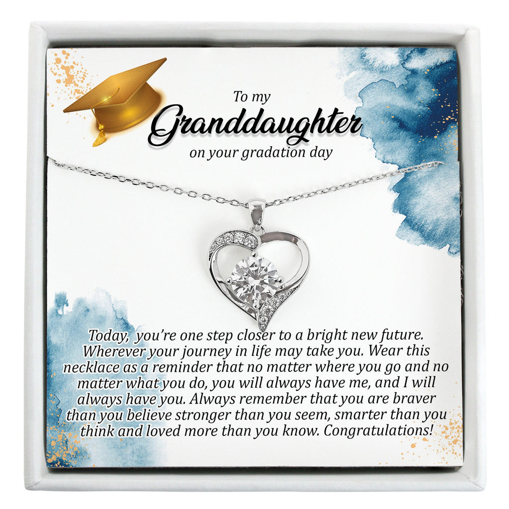 Granddaughter high school graduation gift; silver graduation necklace with personalized message card and spa gift graduation box option