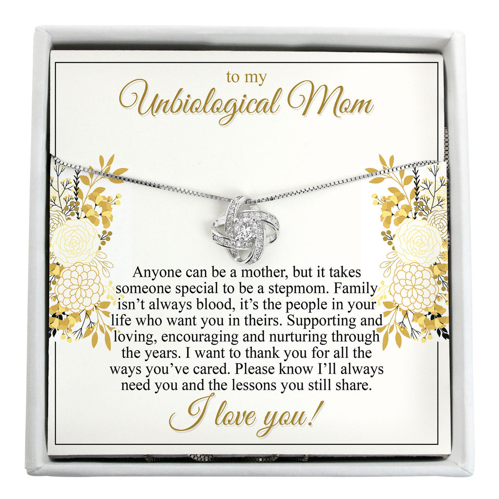 Bonus mom gift for unbiological mom; sterling silver pendant necklace with personalized message card; gift for step mom, optional spa gift