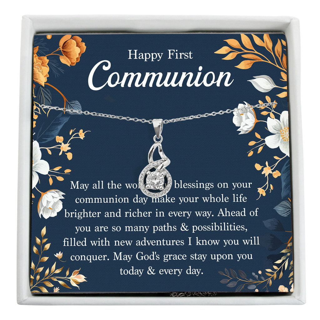 First communion gift, girl first communion keepsake box with sterling silver necklace, personalized message card & spa set; holy communion