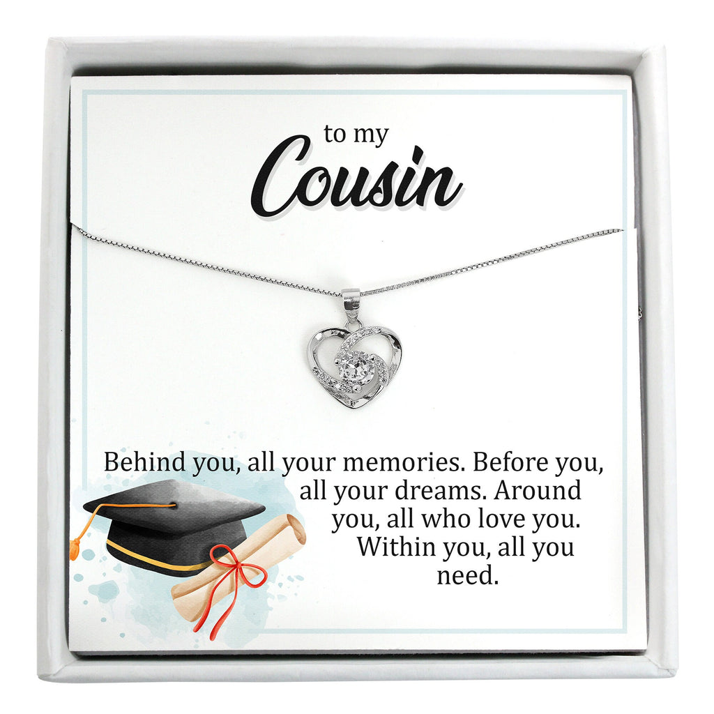 Cousin gift for graduation, sterling silver necklace with personalized message card and spa gift box; personalized gift for your cousin crew