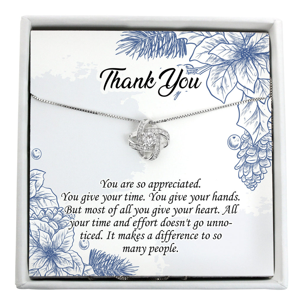 Elegant Knot Necklace Silver with Personalized Message Card - Thoughtful Thank You Gift, Gift for Her, Appreciation Gift Set, Silver Pendant