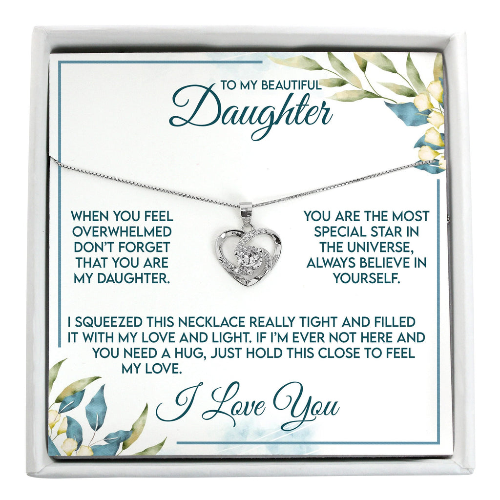 Beautiful Daughter Heart Necklace Gift Set - from a Loving Father, Silver Knot Charm Jewelry with Personalized Spa Box for Her